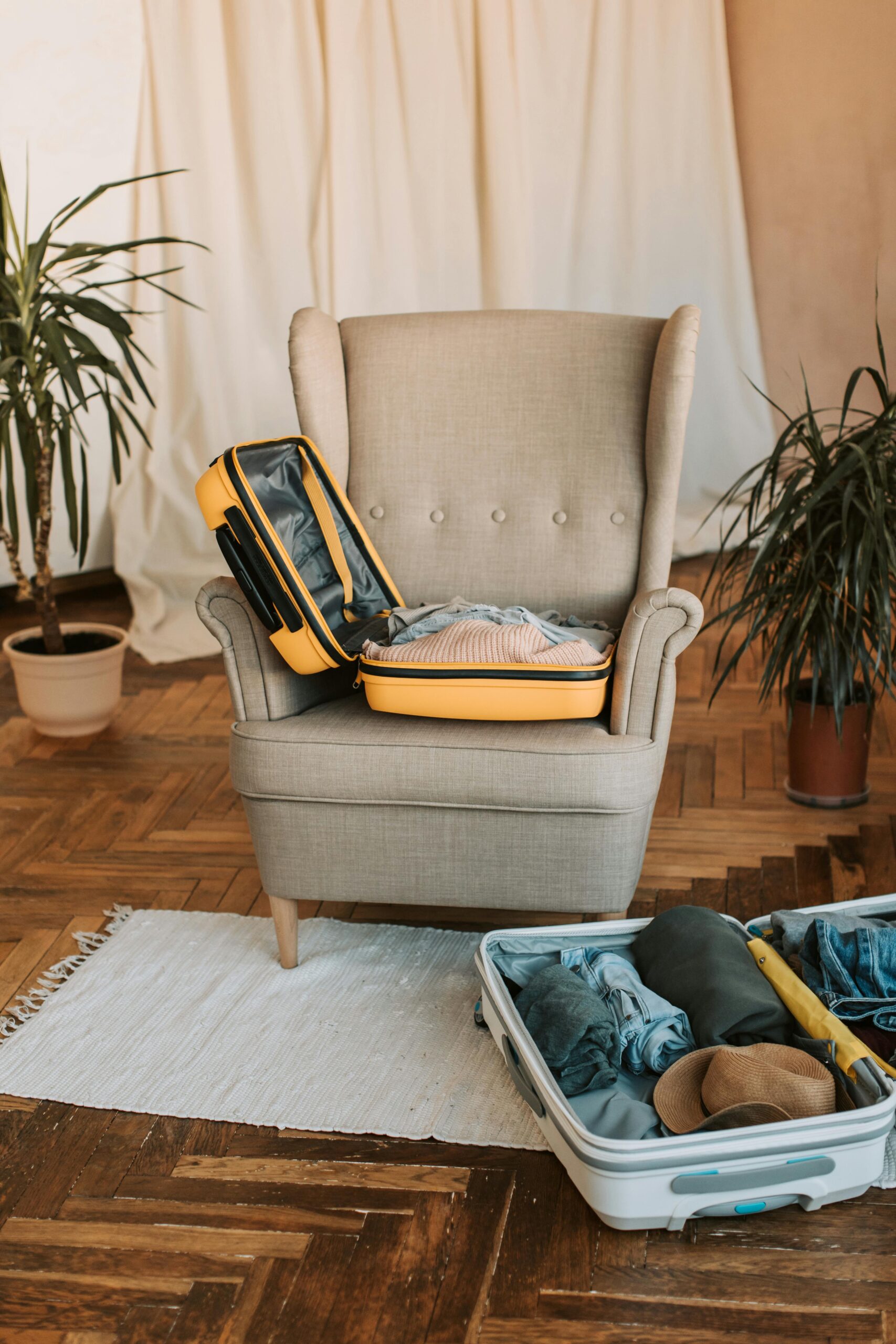 A comfortable chair with open suitcases beside indoor plants, ready for travel preparation.