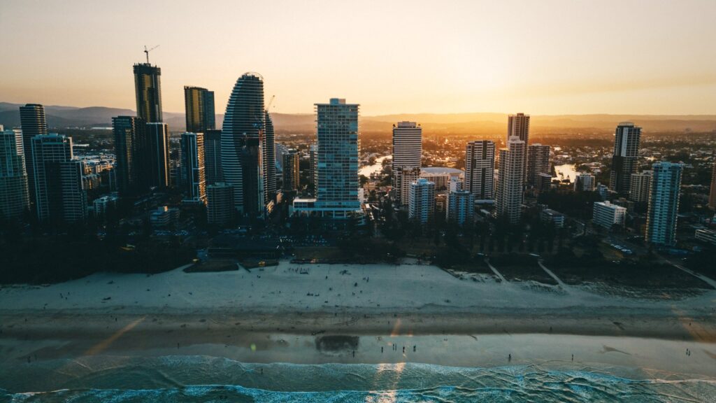 city skyline sunset aerial, Gold Coast. The Old School Cleaning Co.