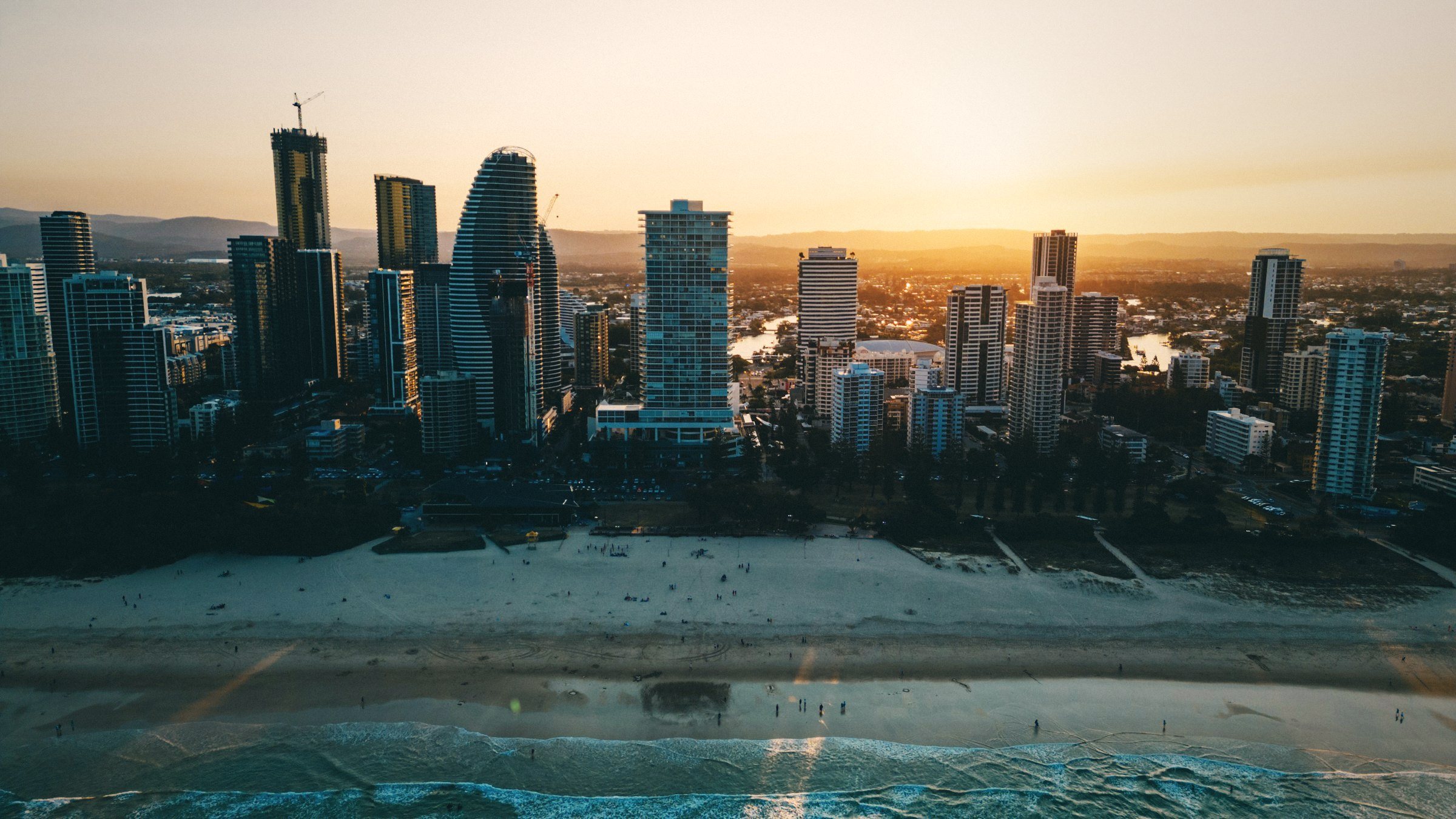 Gold Coast city skyline at sunset from the air