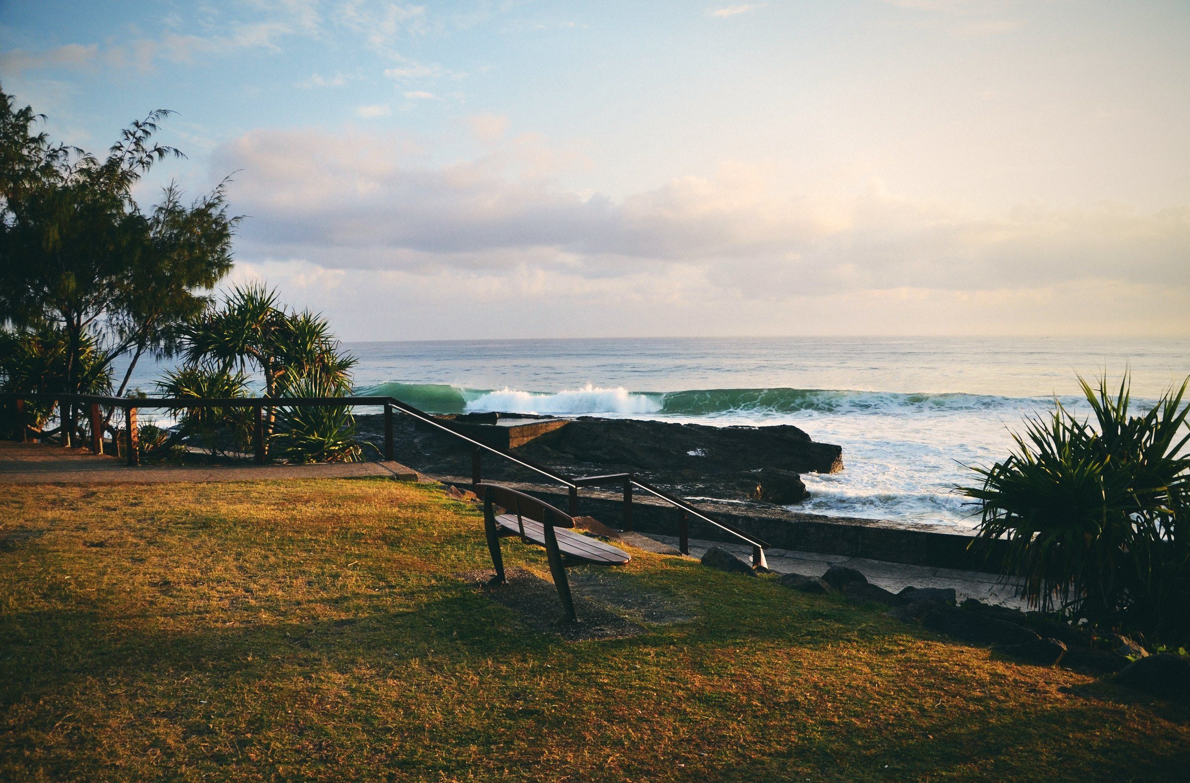 Wooden bench on a grassy Gold Coast foreshore overlooking the ocean