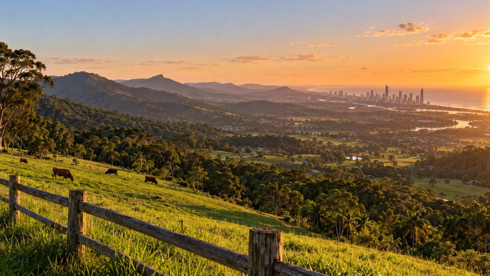 Gold Coast hinterland looking back to the coast at sunset, Currumbin Valley, The Old School Cleaning Co.