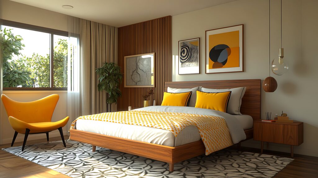 Mustard mid century bedroom cleaning in Miami, Gold Coast. The Old School Cleaning Co.
