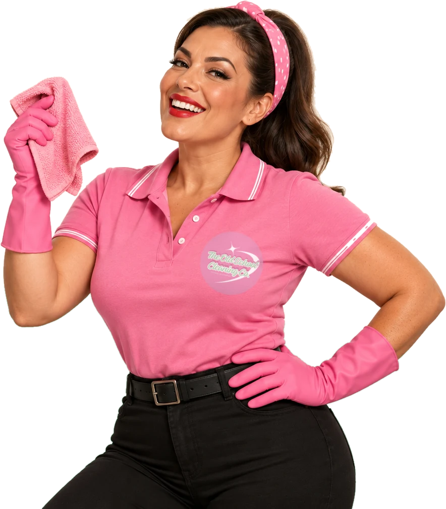 Retro pin-up cleaner (cloth pink polo) in the OSCC uniform with the round pink logo, The Old School Cleaning Co., Gold Coast