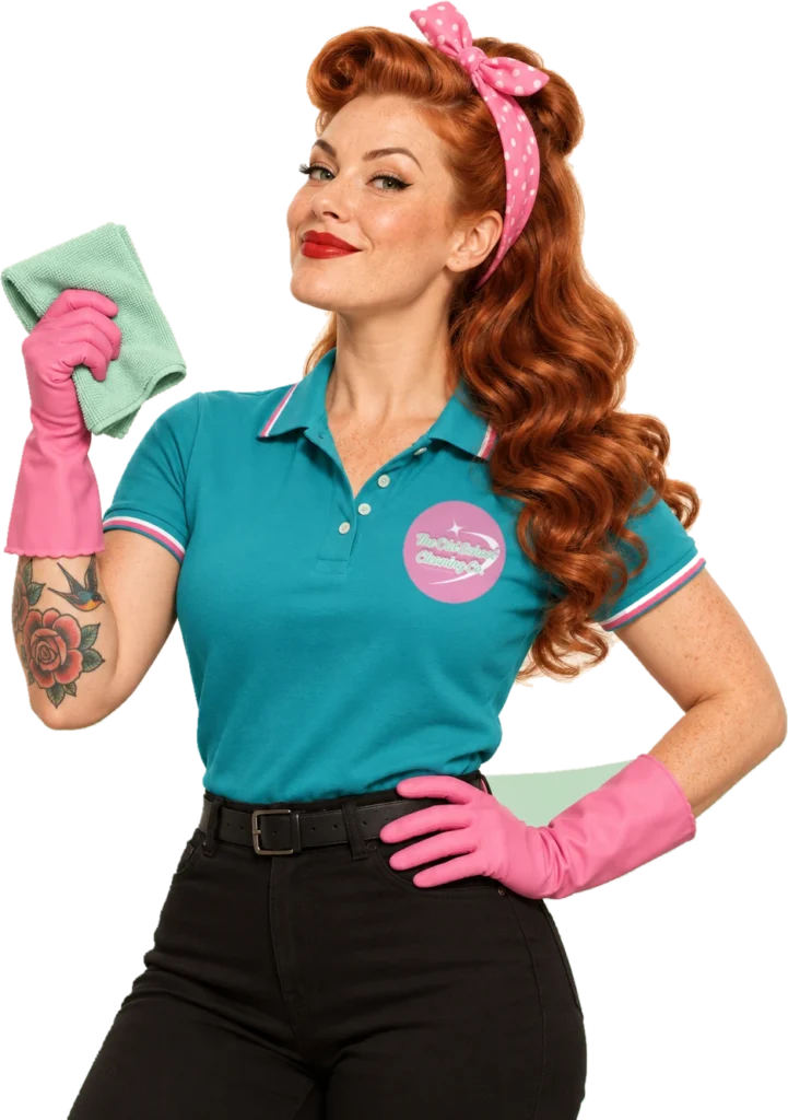 Retro pin-up cleaner (redhead teal polo) in the OSCC uniform with the round pink logo, The Old School Cleaning Co., Gold Coast