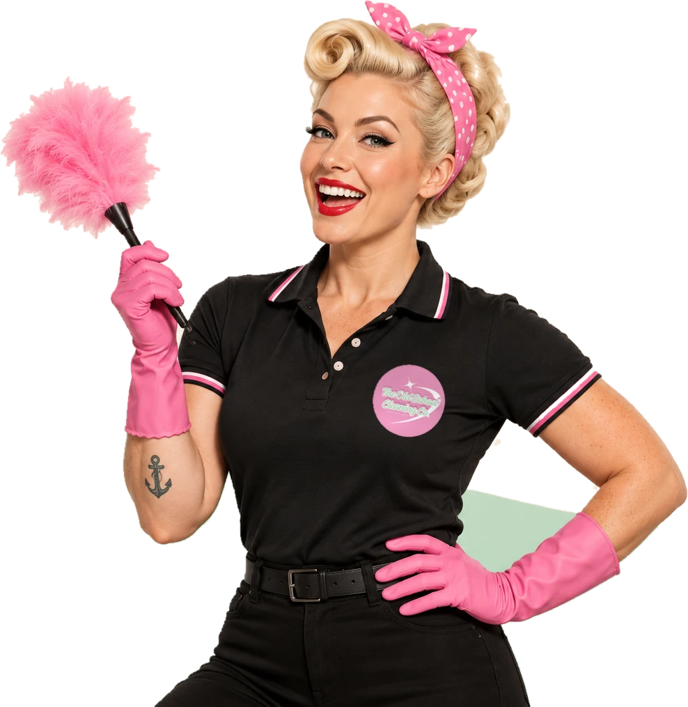Retro pin-up cleaner (feather duster black polo) in the OSCC uniform with the round pink logo, The Old School Cleaning Co., Gold Coast