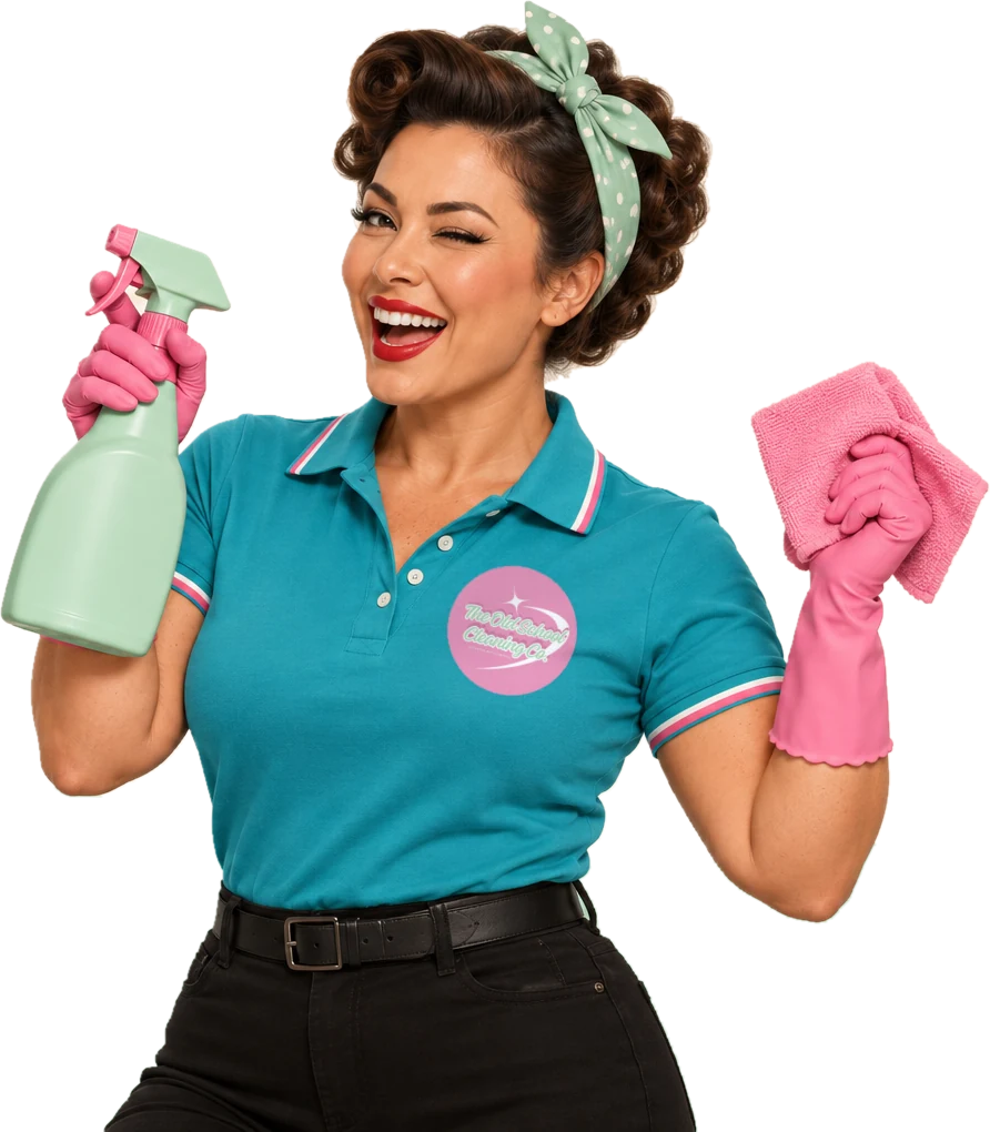 Retro pin-up cleaner (wink teal polo) in the OSCC uniform with the round pink logo, The Old School Cleaning Co., Gold Coast