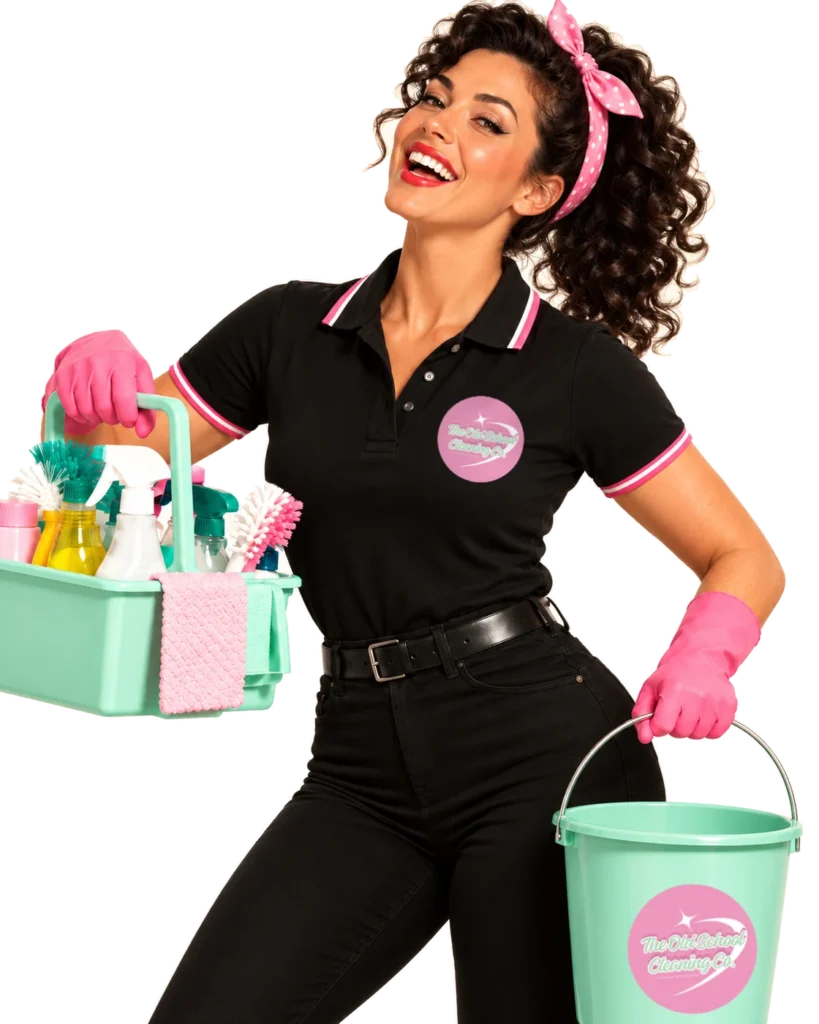Retro pin-up cleaner (caddy brunette black polo) in the OSCC uniform with the round pink logo, The Old School Cleaning Co., Gold Coast
