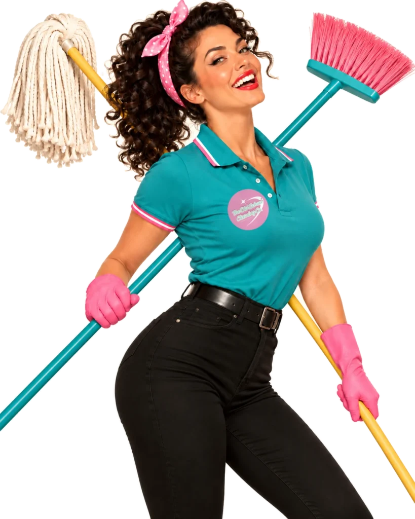 Retro pin-up cleaner (mop broom teal polo) in the OSCC uniform with the round pink logo, The Old School Cleaning Co., Gold Coast