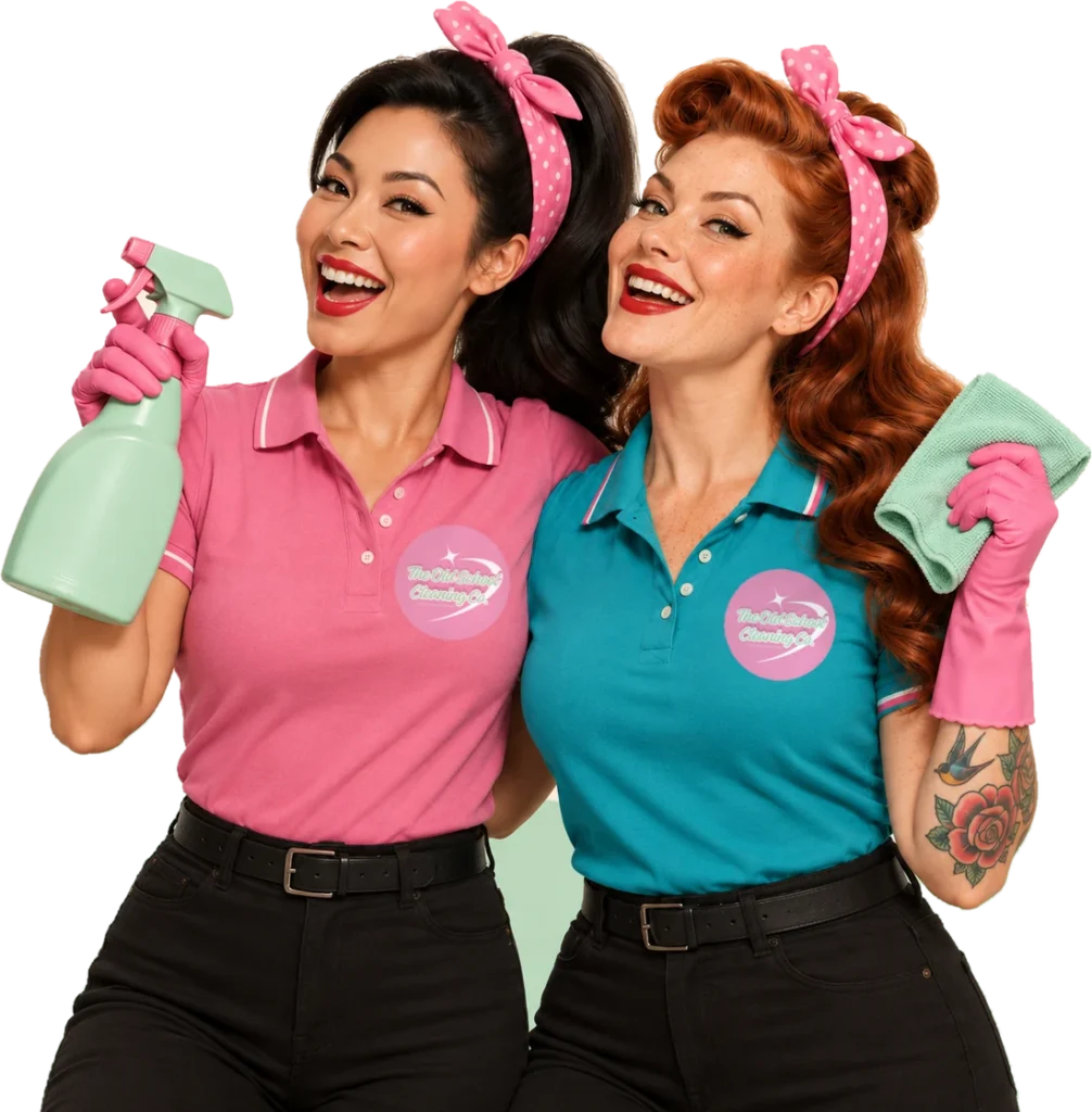 Retro pin-up cleaner (duo pink teal) in the OSCC uniform with the round pink logo, The Old School Cleaning Co., Gold Coast
