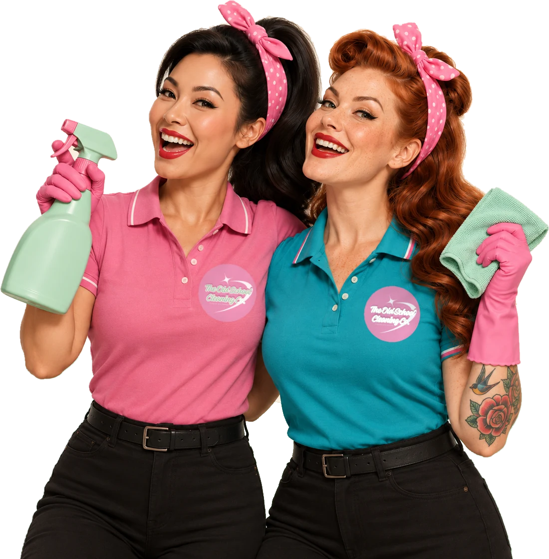 Two retro pin-up cleaners in OSCC pink and teal polos, The Old School Cleaning Co., Gold Coast