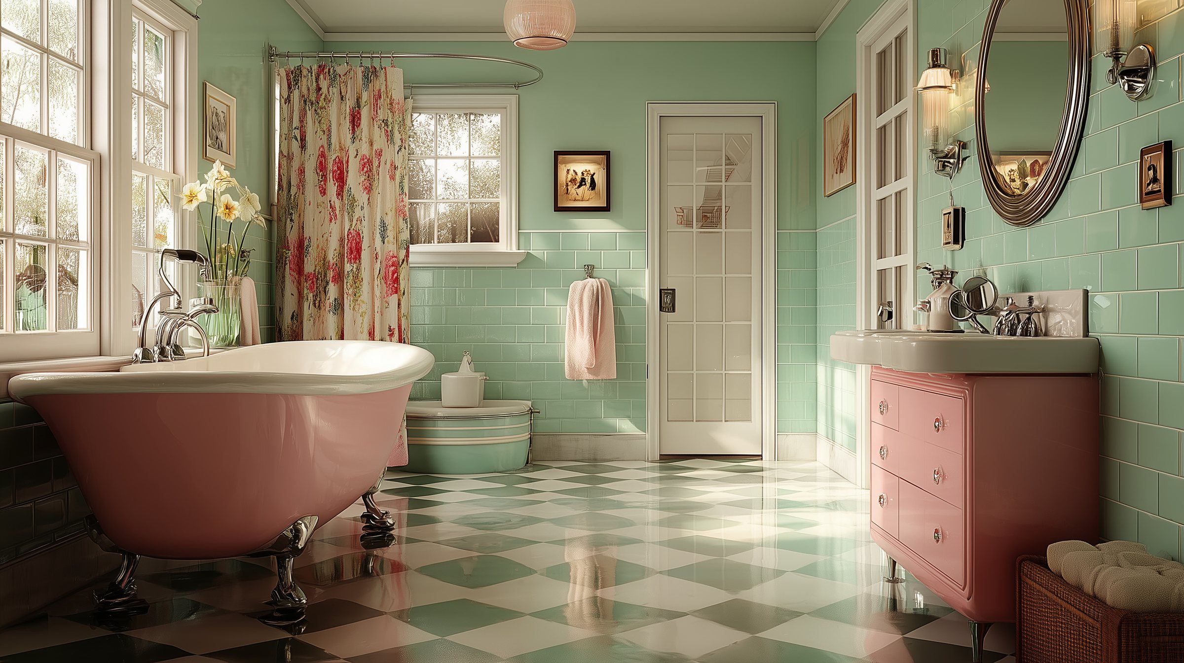 Retro mint bathroom bond cleaning in Tallebudgera, Gold Coast. The Old School Cleaning Co.